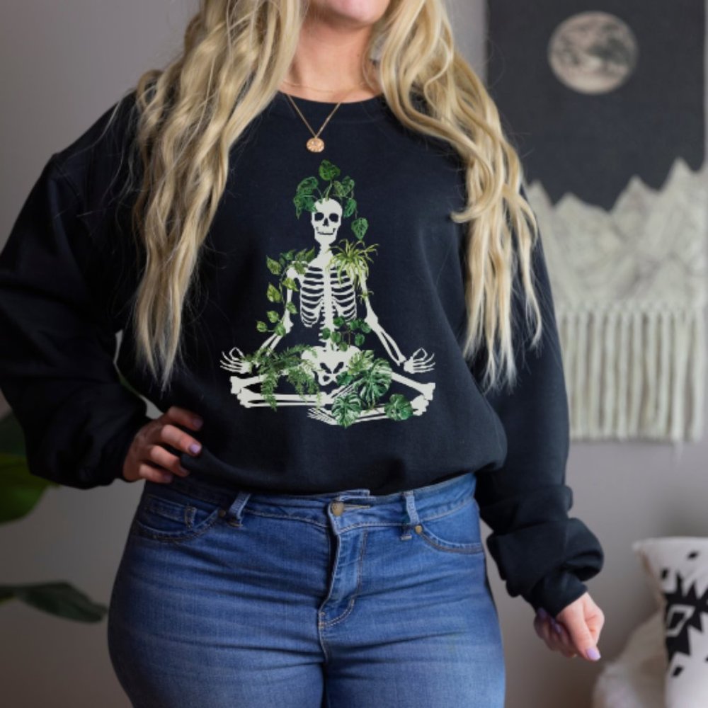 Meditation Skeleton House Plant Crewneck Sweatshirt, Plant Lover Shirt, Handmade